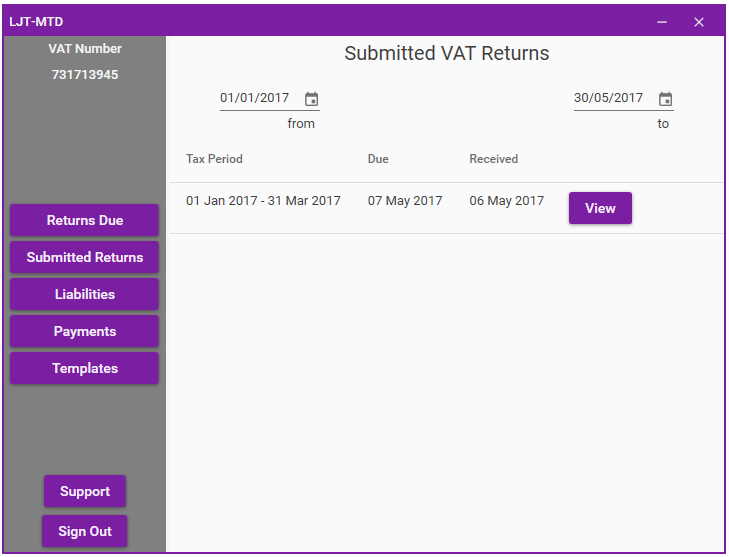 LJT-MTD View Submitted VAT Returns